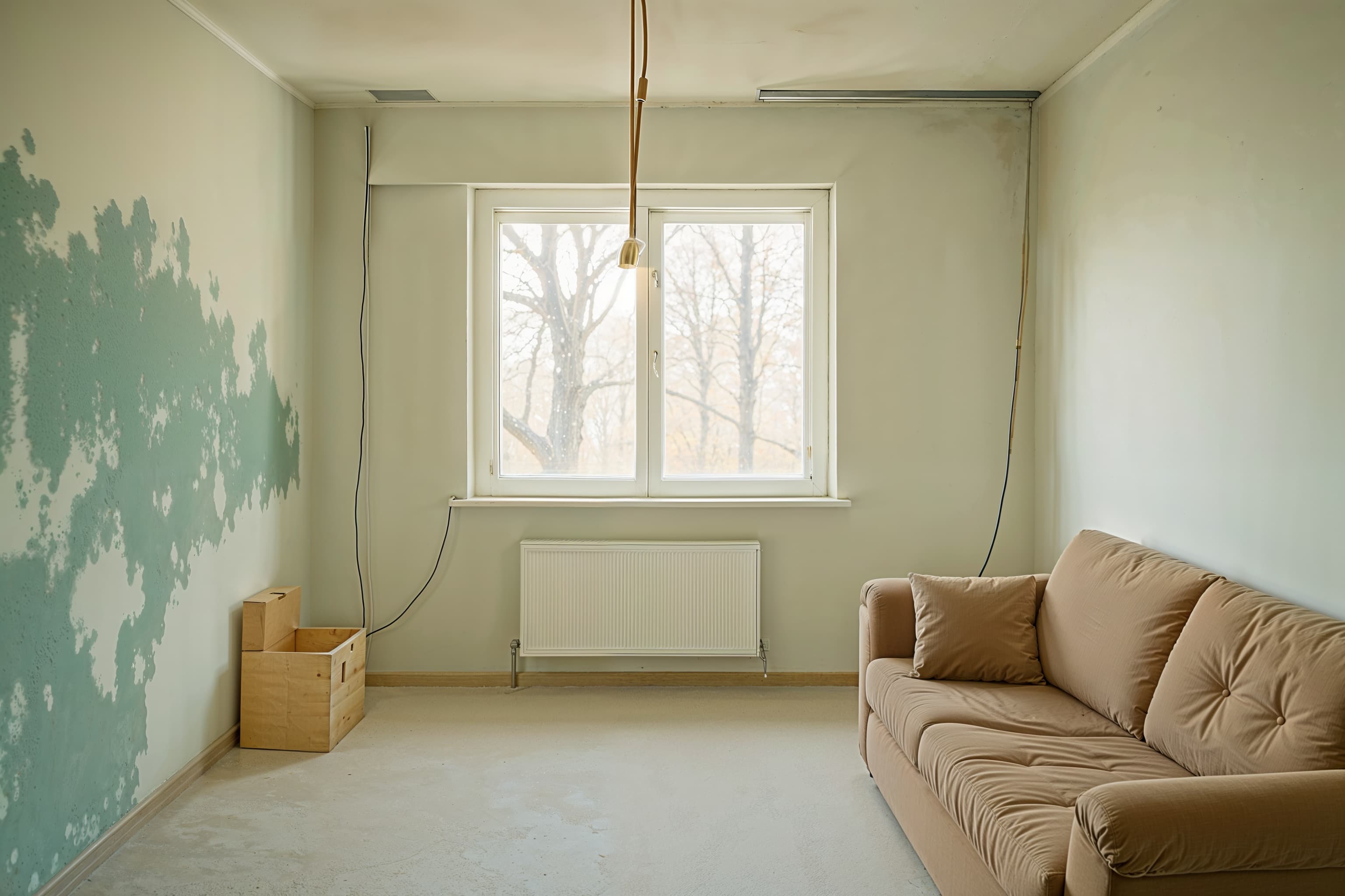 Room showing housing disrepair with peeling paint and mould issues