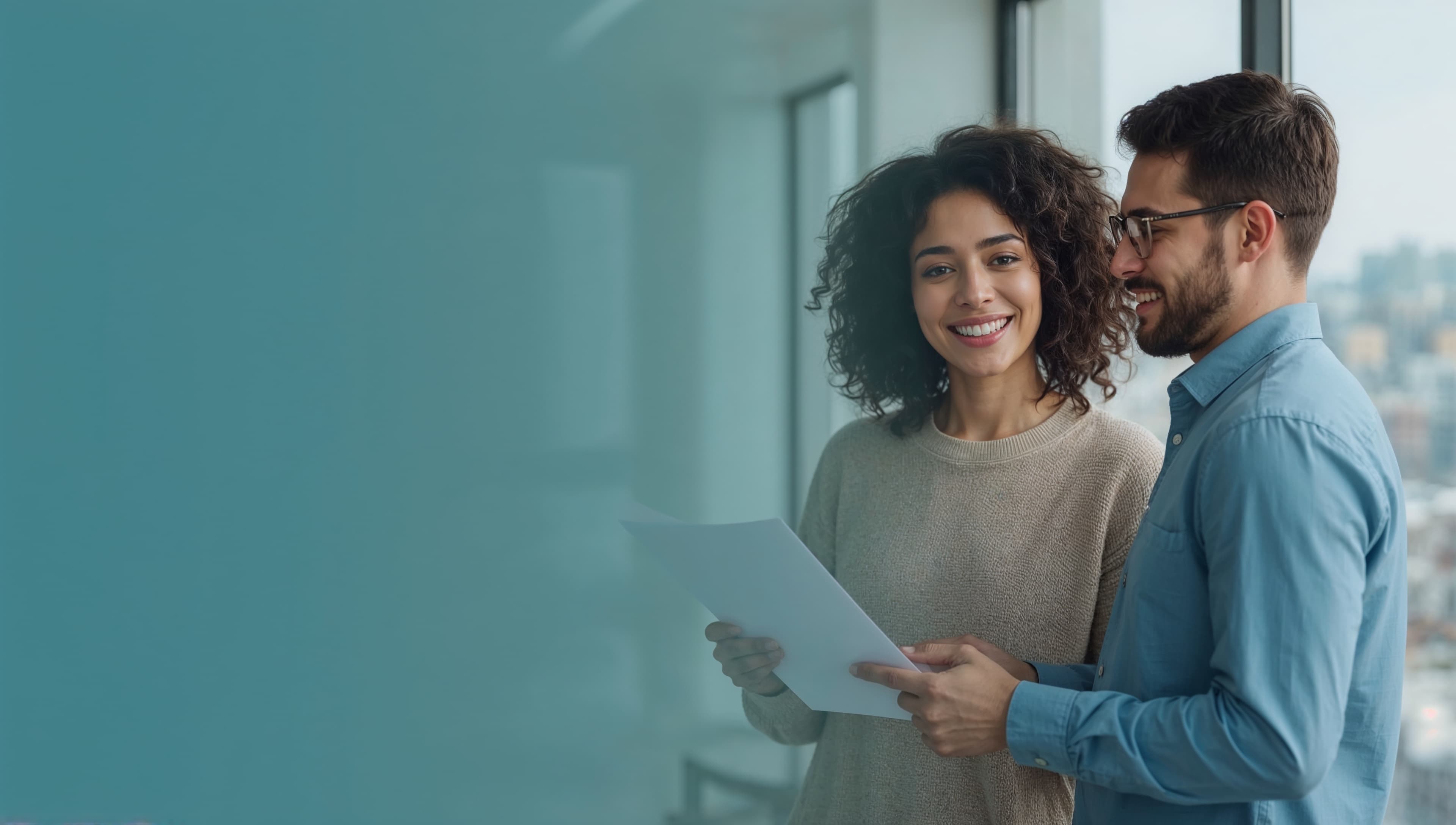 Professional couple reviewing housing documents in modern office