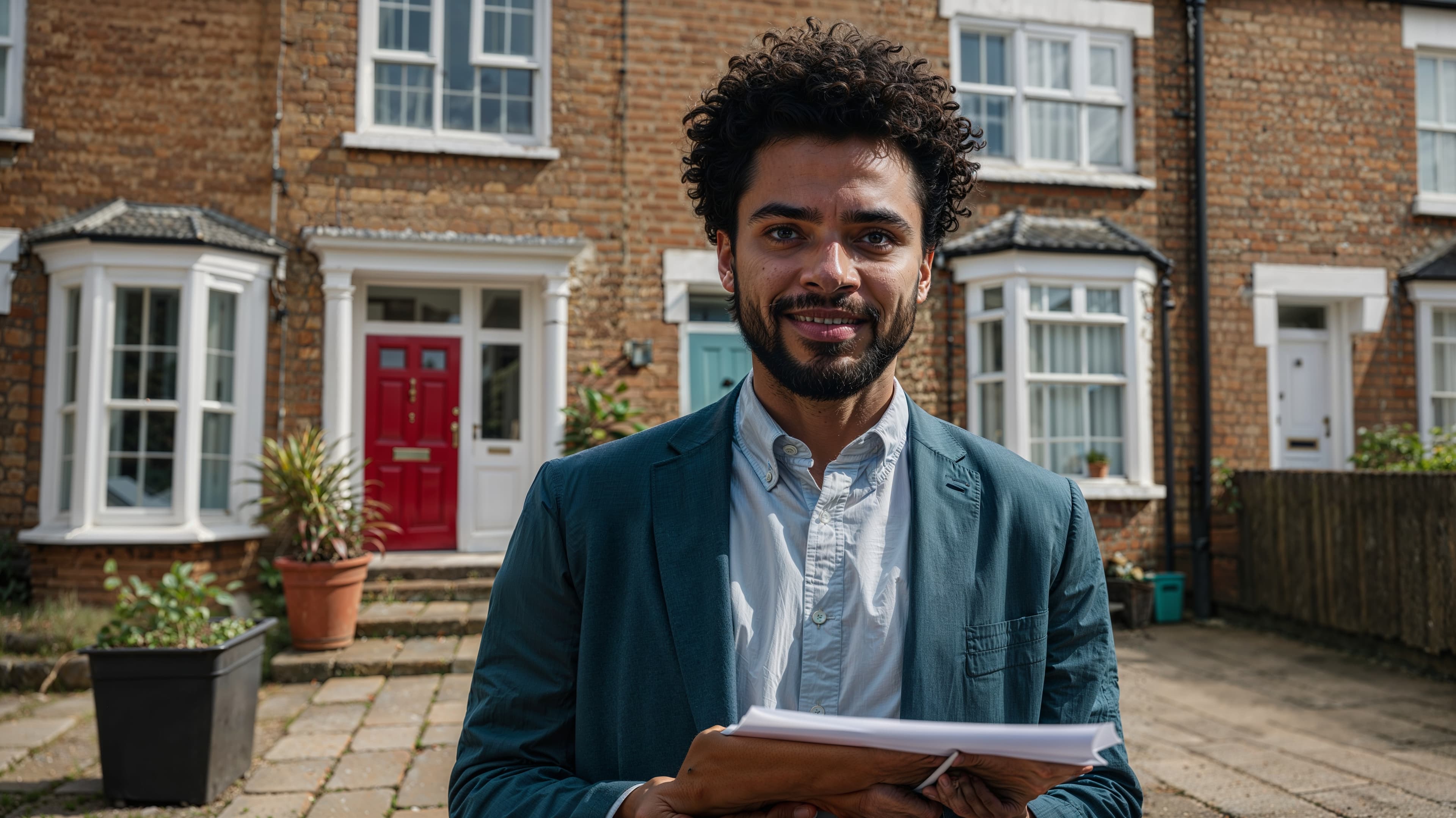 A person holding papers in front of a brick building
